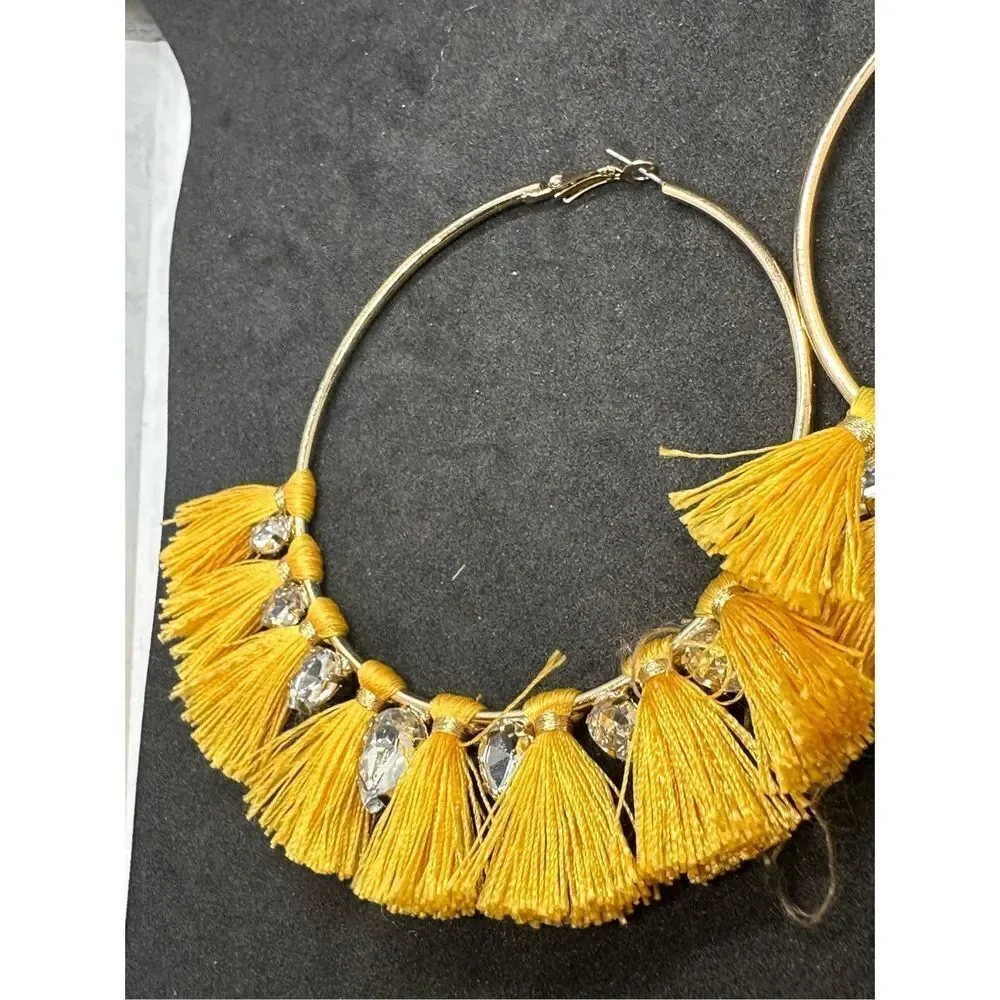 Beautiful Large Boho Gold tone Earrings Pompoms Juliet with large rhinestones